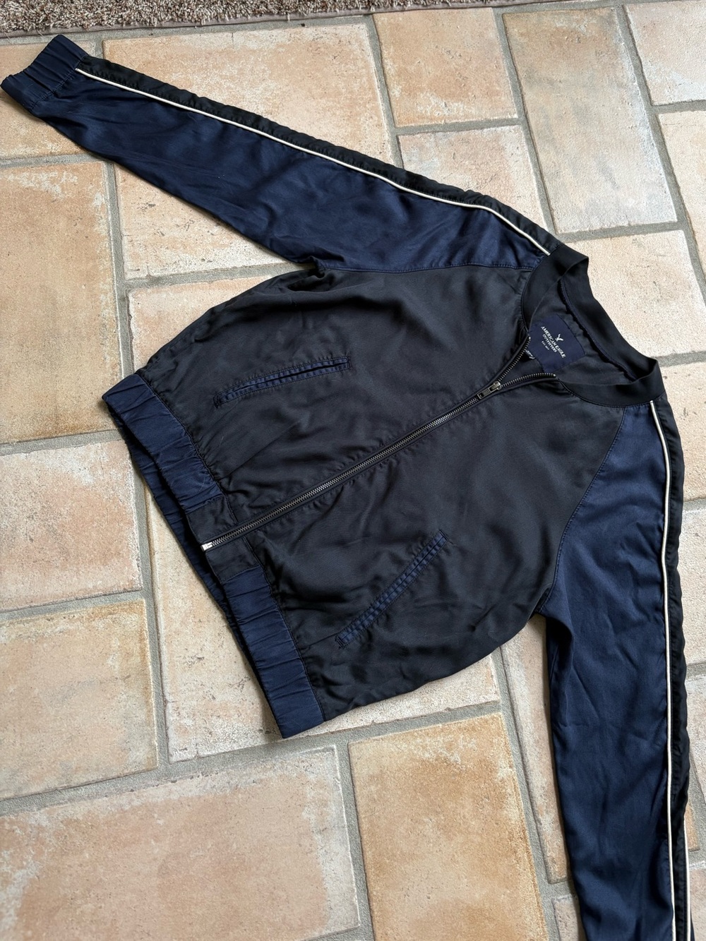 American Eagle Outfitters Navy and Black Women's Bomber Jacket
